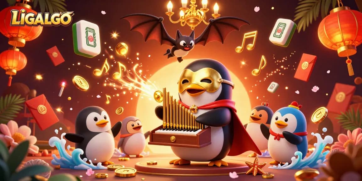 LIGALGO showcases a 3D penguin playing an organ, showering golden coins in a vibrant casino scene.