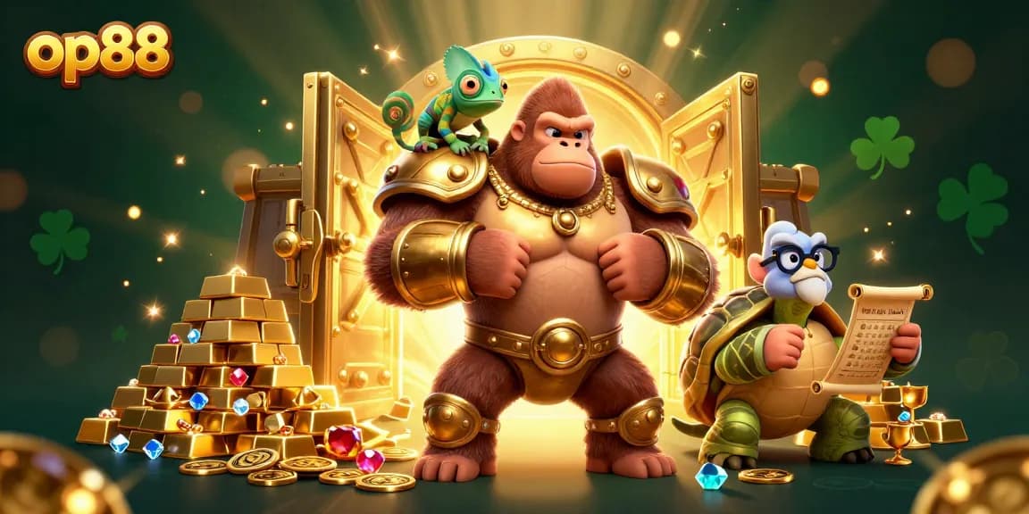 Experience the thrill of op88 with a dynamic gaming scene featuring a gorilla king and treasure elements.