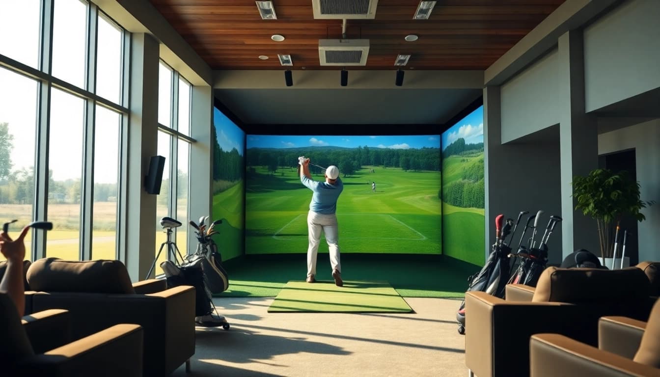 Golfer using a simulator with a virtual course background in a bright indoor setting.