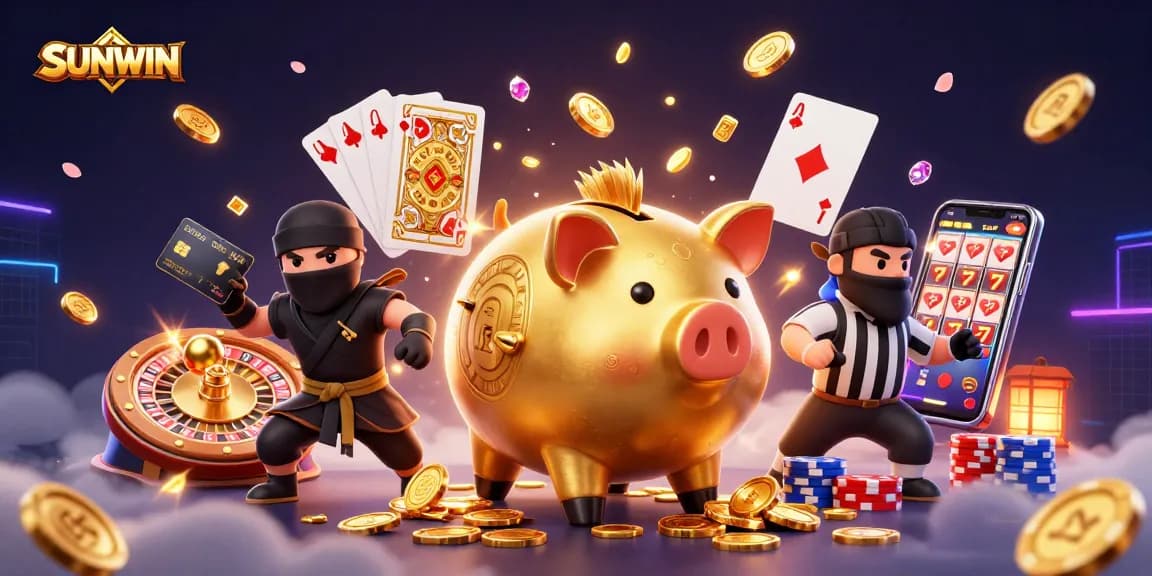 SUNWIN showcases excitement as a golden piggy bank sumo wrestler drops coins in a lavish casino scene.