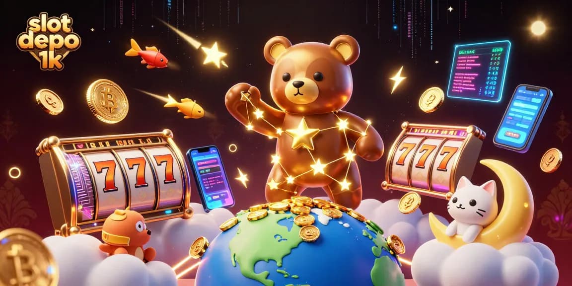 Mengambil kesempatan dengan slot depo 1k, ilustrasi 3D yang menampilkan beruang konstelasi menangkap koin emas di malam hari.