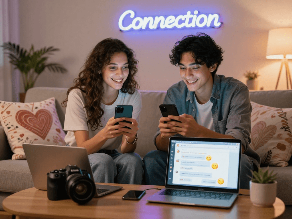 Couple engaged in AI sexting on smartphones in a cozy setting.