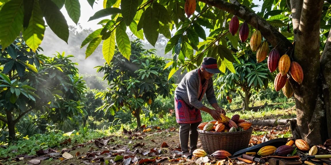 Harvesting cacao pods in lush tropical farm setting with m98 elements prominently featured.
