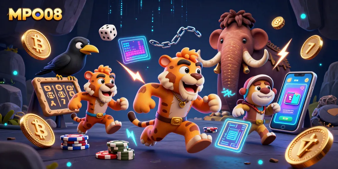 Engage with MPO08's prehistoric casino experience featuring vibrant slot elements and dynamic characters.