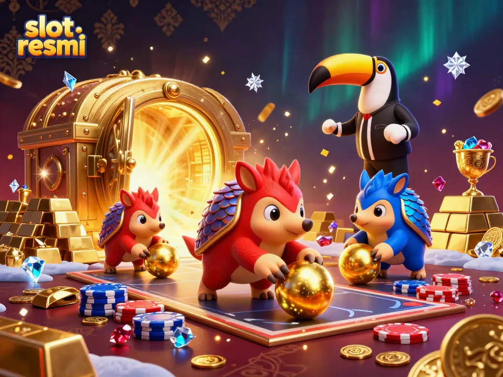 Experience thrilling gameplay with slot resmi, featuring dynamic pangolin characters in a vibrant casino scene.