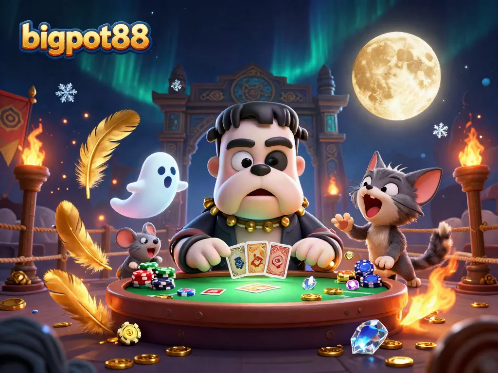 Gambarkan pengalaman bermain bigpot88 dengan bulldog Frankenstein dalam suasana kasino yang menyeramkan.