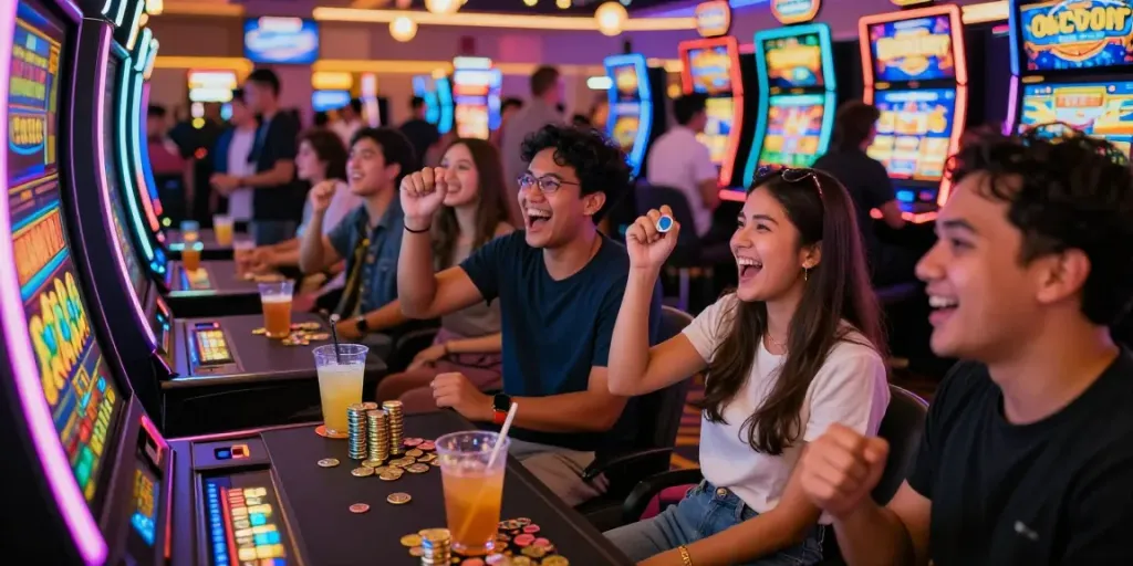 Friends celebrating a big win at a slot gacor machine in a vibrant casino.