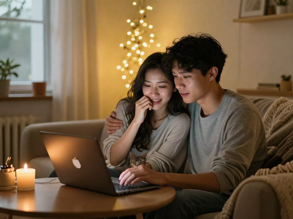 Engaging girlfriend ai experience through a heartfelt video call in a cozy home setting.