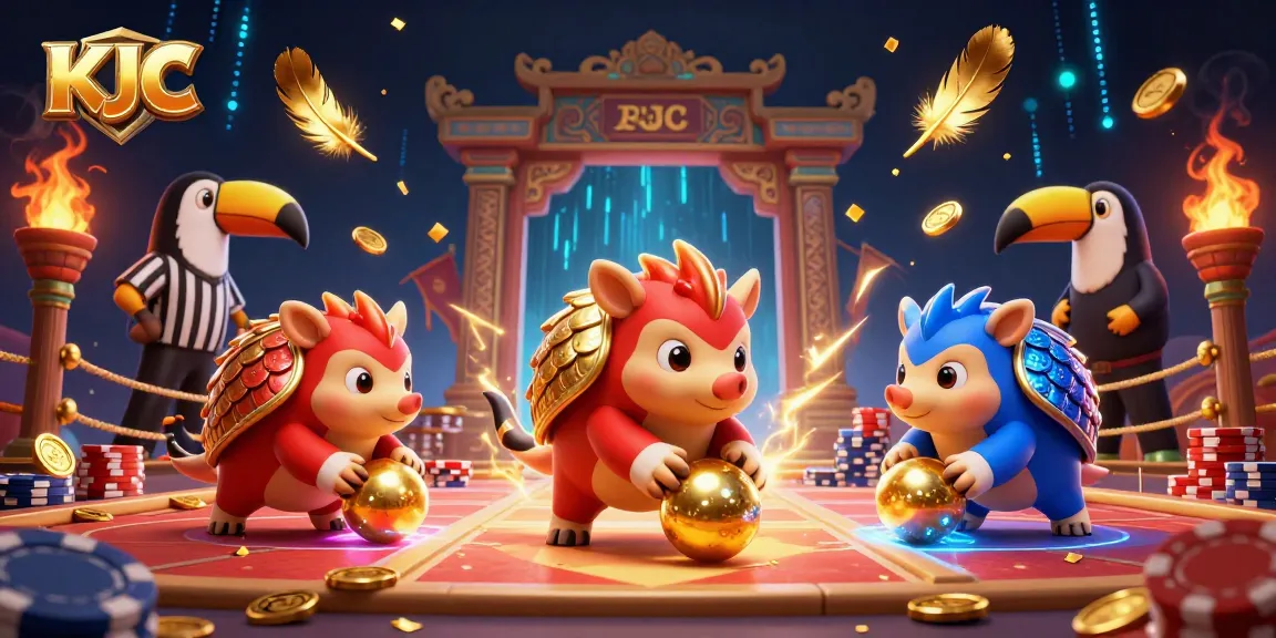 KJC pangolins rolling through chips in a vibrant casino-themed illustration.
