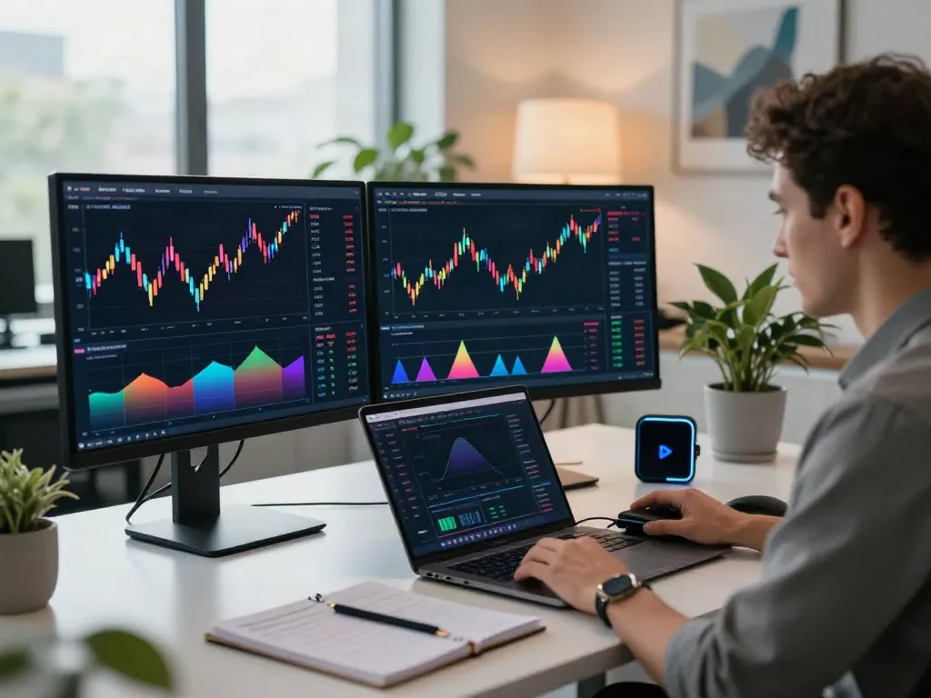 Real-time 外汇API trading monitor setup displaying exchange rates and cryptocurrency candlesticks in a professional financial workspace.