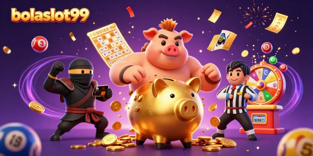 Engage with the vibrant fun of bolaslot99 in a dynamic 3D scene with casino elements.