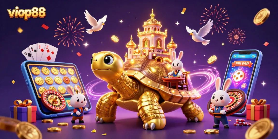 Experience exciting gameplay at viop88 with a vibrant 3D casino scene featuring a tortoise, rabbit dealer, and flying coins.