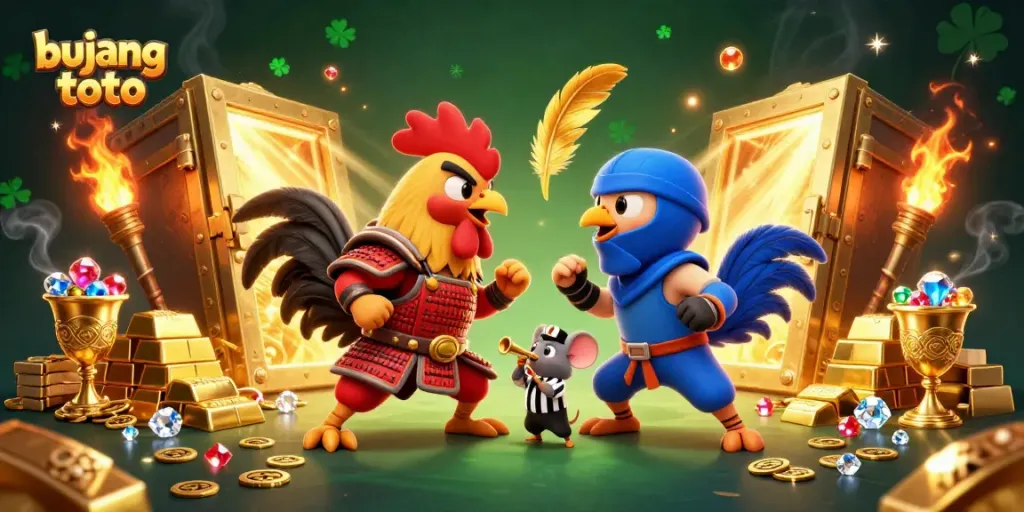 Engage in thrilling action with bujang toto as fighting roosters clash amidst treasures and vibrant 3D elements.