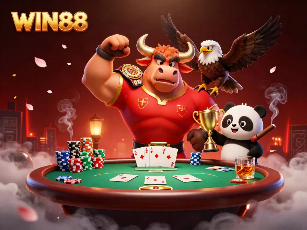 WIN88 showcasing excited characters in a vibrant casino atmosphere with poker elements and dynamic details.