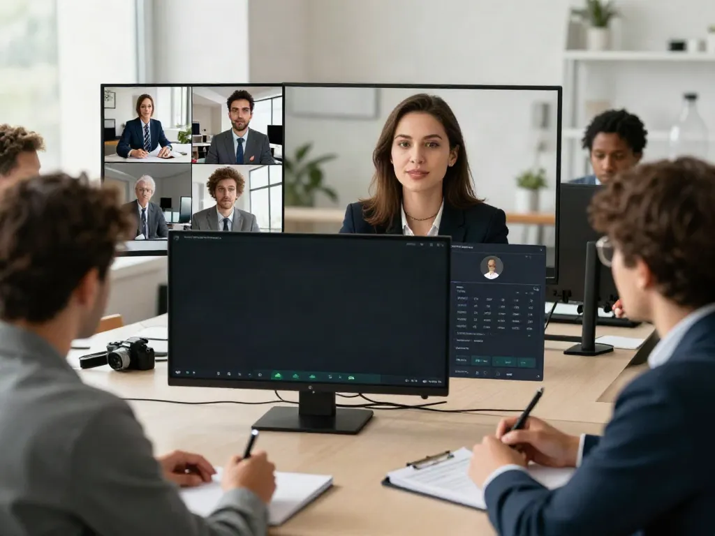 Deepfake protected online video calls, meetings, and conferencing in a secure professional setting with diverse participants.