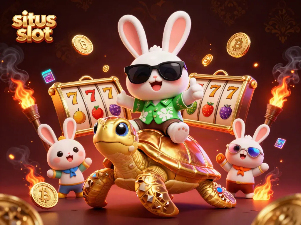 Gambaran penuh warna di situs slot dengan kelinci keberuntungan dan kura-kura emas
