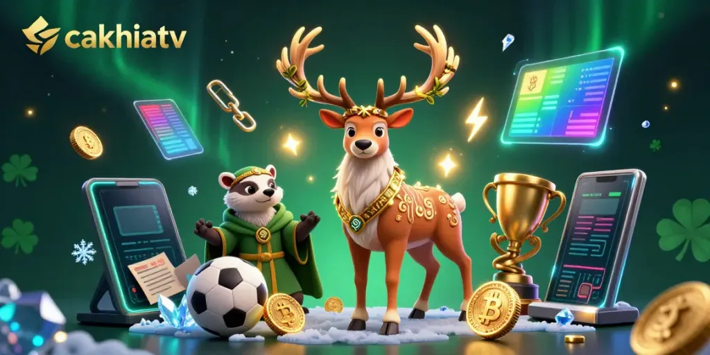 Experience thrilling soccer action with CakhiaTV in a vibrant cosmic 3D scene.