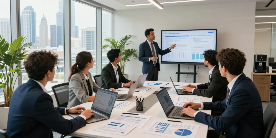 Audit Firms in UAE collaborating in a modern office setting, showcasing financial data and teamwork.