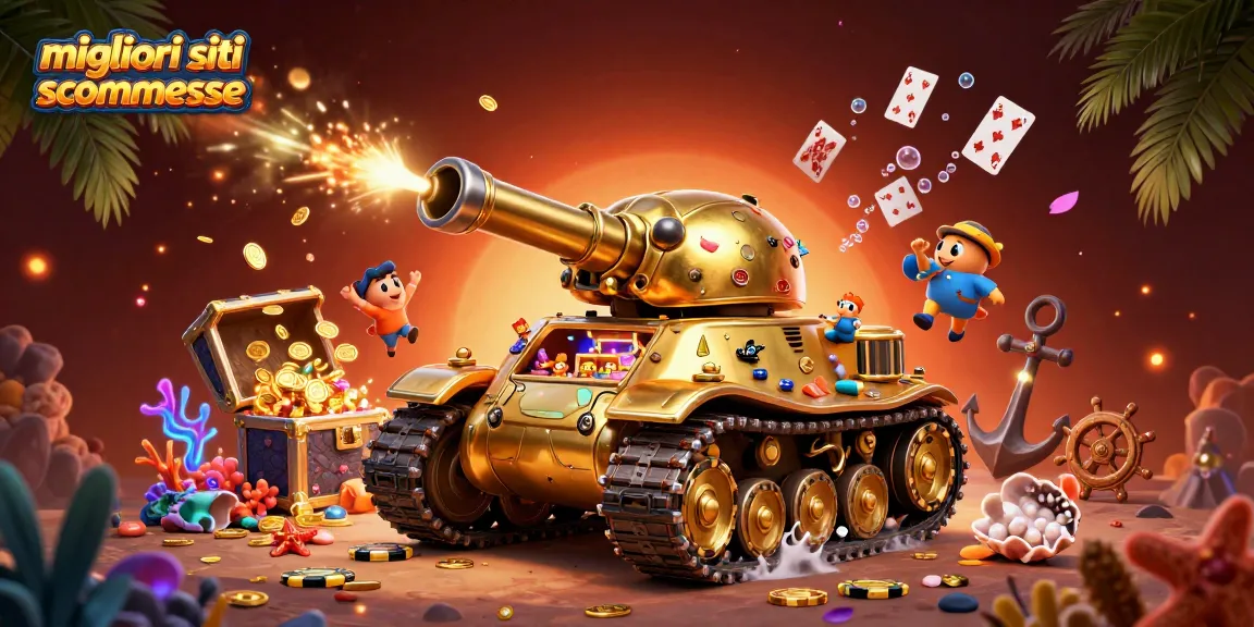Scopri i migliori siti scommesse con un tank dorato che rivela un mini casinò, coin e confetti volanti.