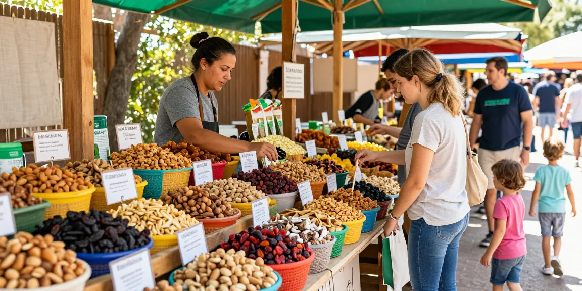 M98 สล็อตเว็บตรงไม่ผ่านเอเย่นต์ nuts and dried fruits on display at vibrant outdoor market.