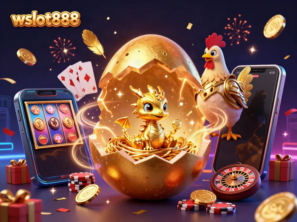 Menyenangkan permainan slot di wslot888 dengan naga emas dan koin ceria.