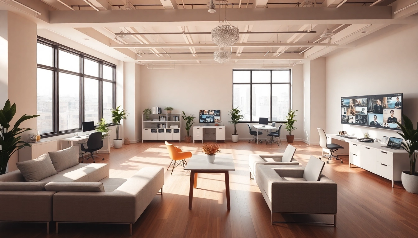 Aestudio interjero dizaino studija su moderniais elementais, natūralia šviesa ir minimalistine aplinka.
