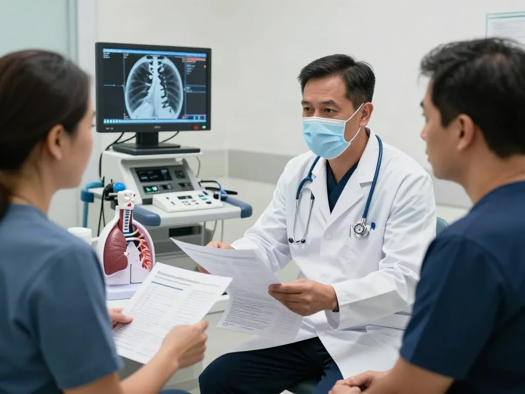 Thoracic surgeons in Abu Dhabi consulting with a patient in a modern clinical setting.
