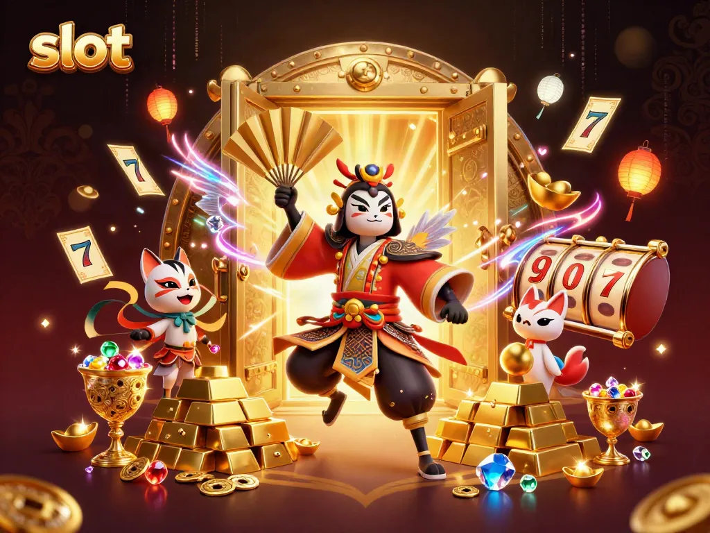 Slot gacor menyerupai juara dengan mesin slot, harta karun emas, dan karakter kabuki yang berani.