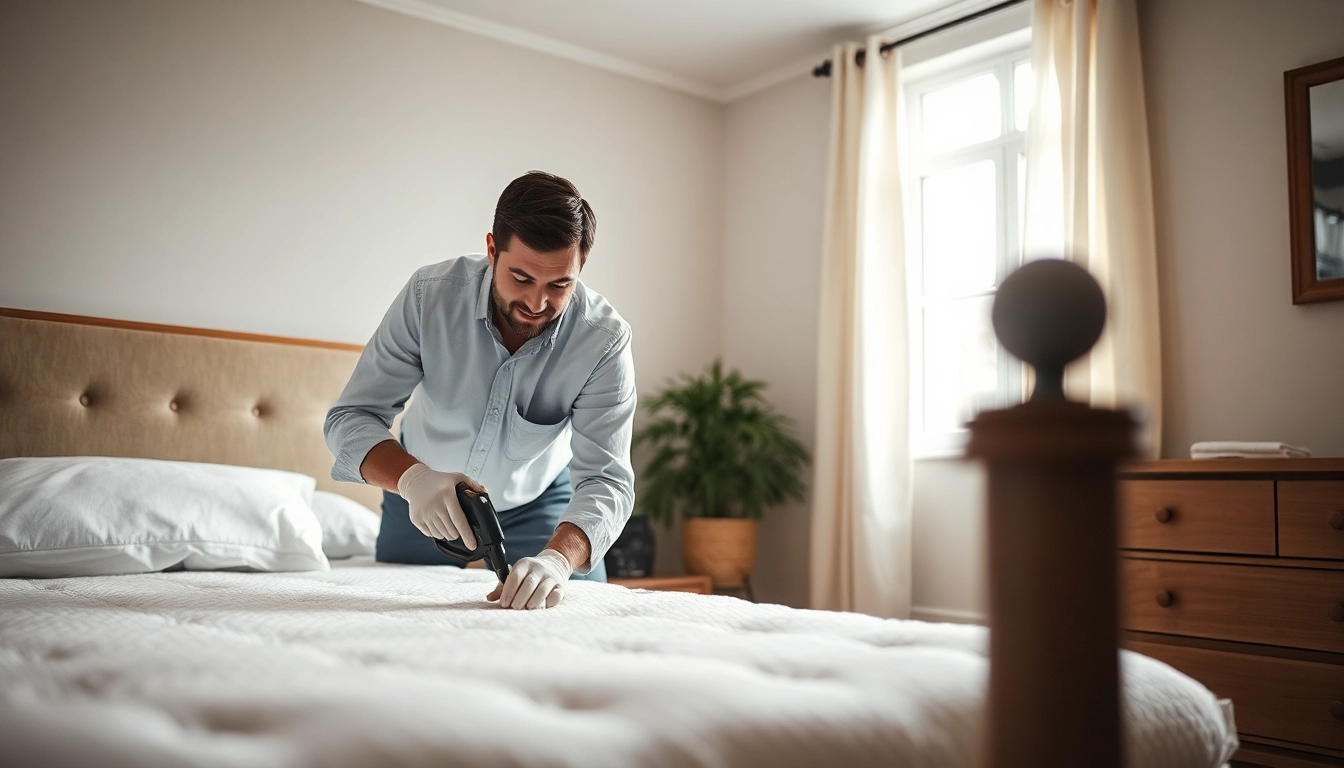 Bed bug exterminators performing treatment in a well-lit bedroom, showcasing dedication and care.