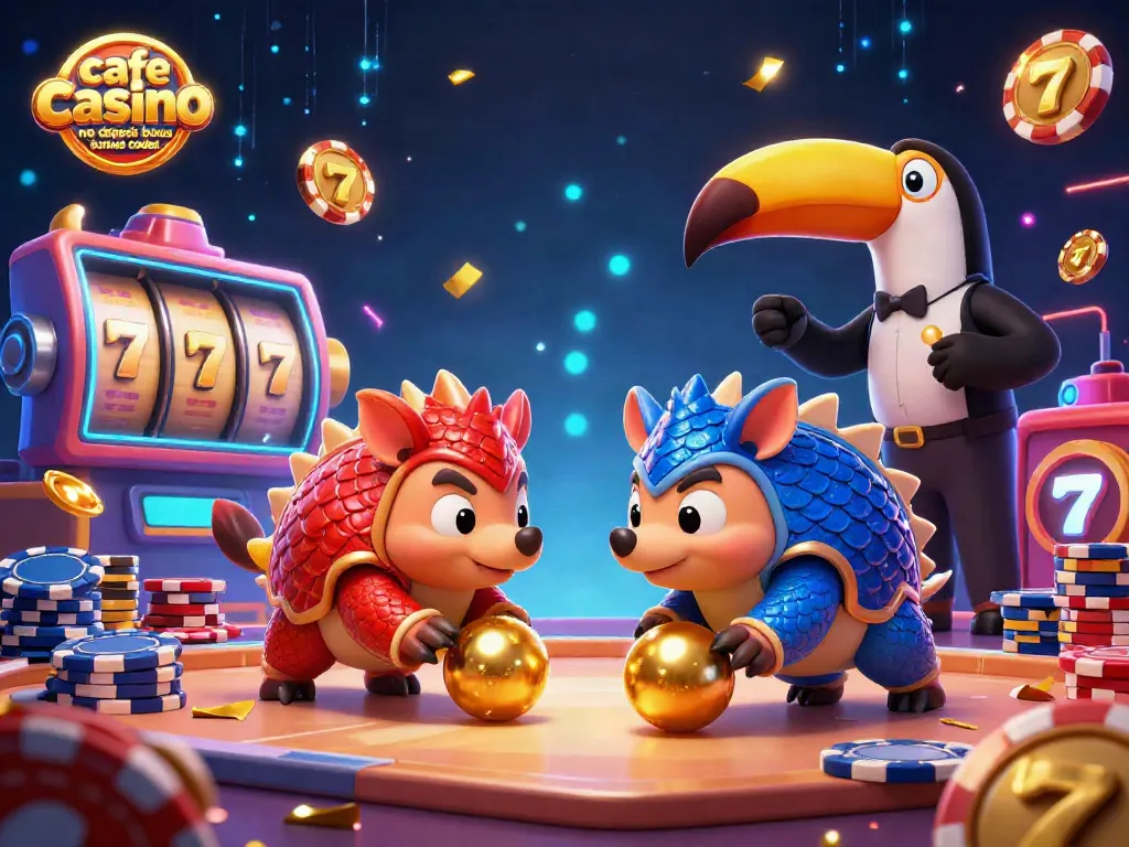 Engage with cafe casino no deposit bonus codes featuring playful pangolins amidst vibrant casino elements.