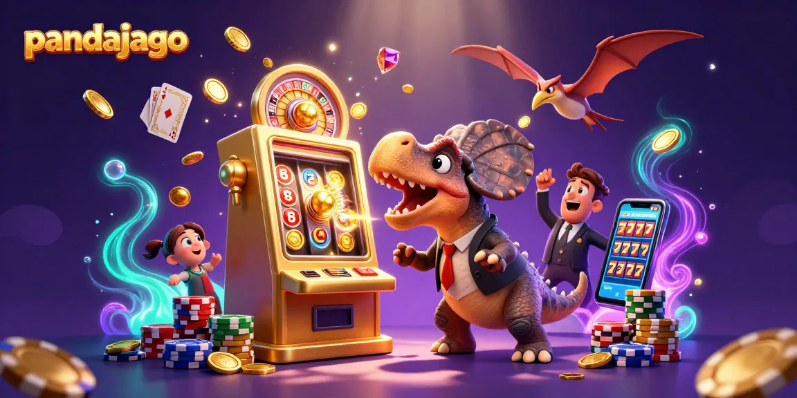 Pandajago menampilkan dinosaurus yang berusaha memenangkan jackpot di mesin slot dengan banyak koin emas berterbangan.