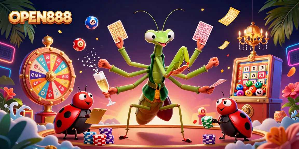 Engage with OPEN888's vibrant casino world showcasing a mantis dealer and dynamic game elements.