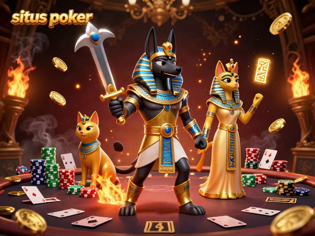 Permainan situs poker menampilkan karakter Anubis dan Bastet dalam ilustrasi 3D yang menawan.
