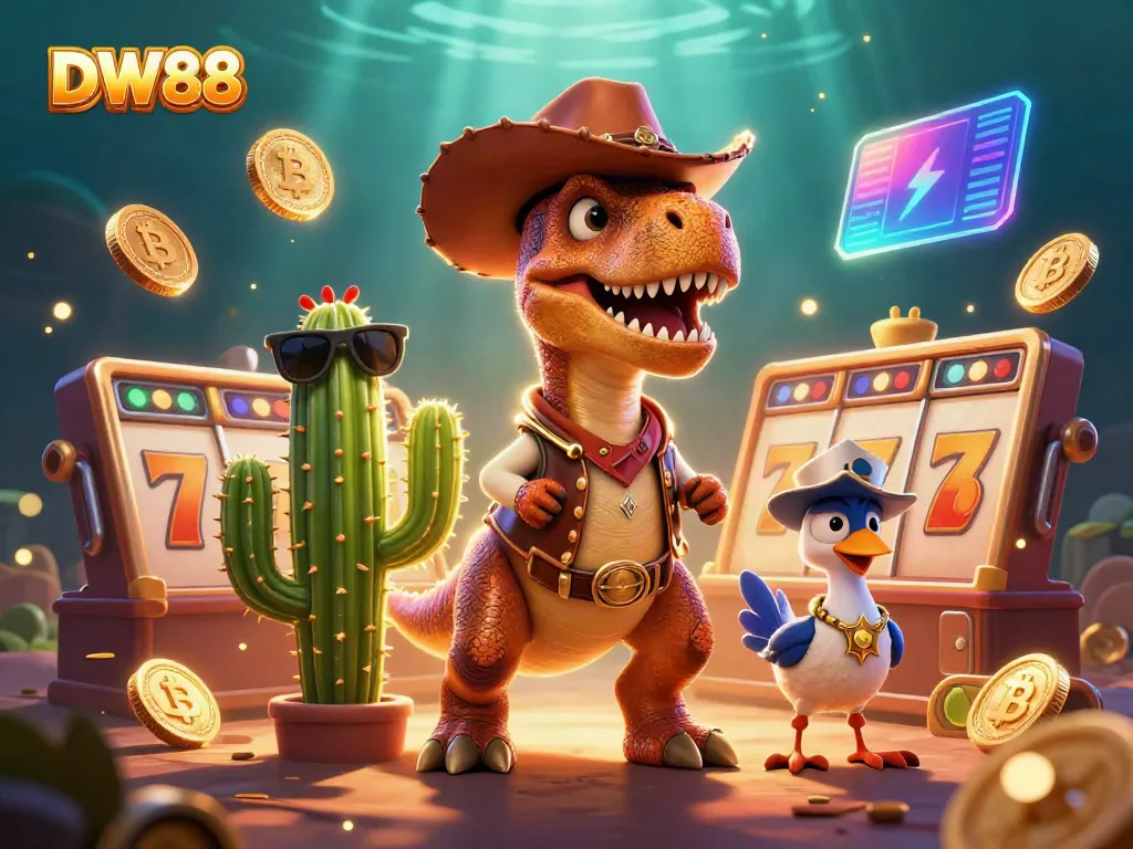 Experience the excitement at DW88 with a vibrant 3D cartoon scene featuring gambling elements.