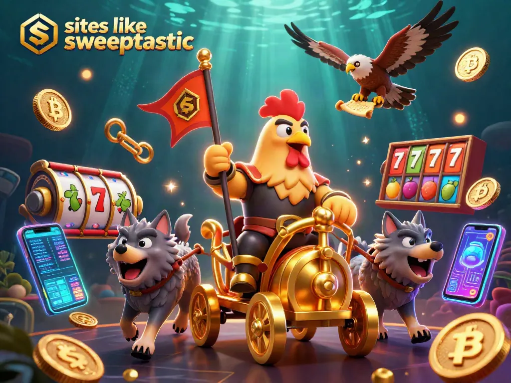 Play at exciting sites like sweeptastic with a vibrant 3D casino scene showcasing thrilling games and winnings.