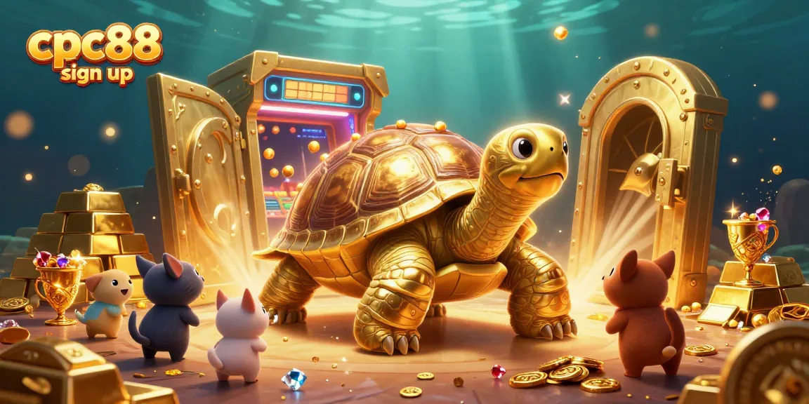 Join the excitement with cpc88 sign up, featuring a captivating golden tortoise and treasures in a vibrant casino scene.