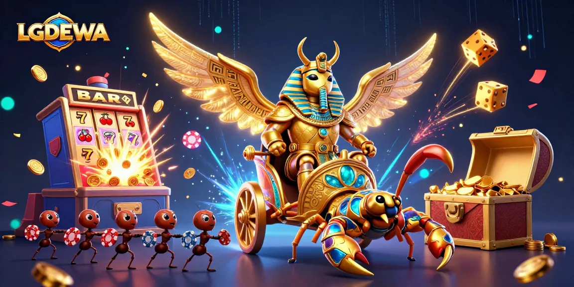 Engage with LGODEWA's thrilling slot experience featuring a golden scarab beetle and jackpot coins.