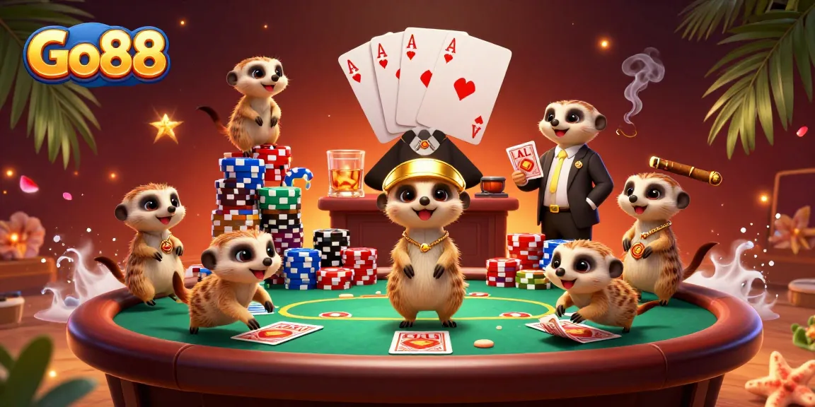 Experience the vibrant excitement of Go88 with meerkats managing a thriving casino scene.