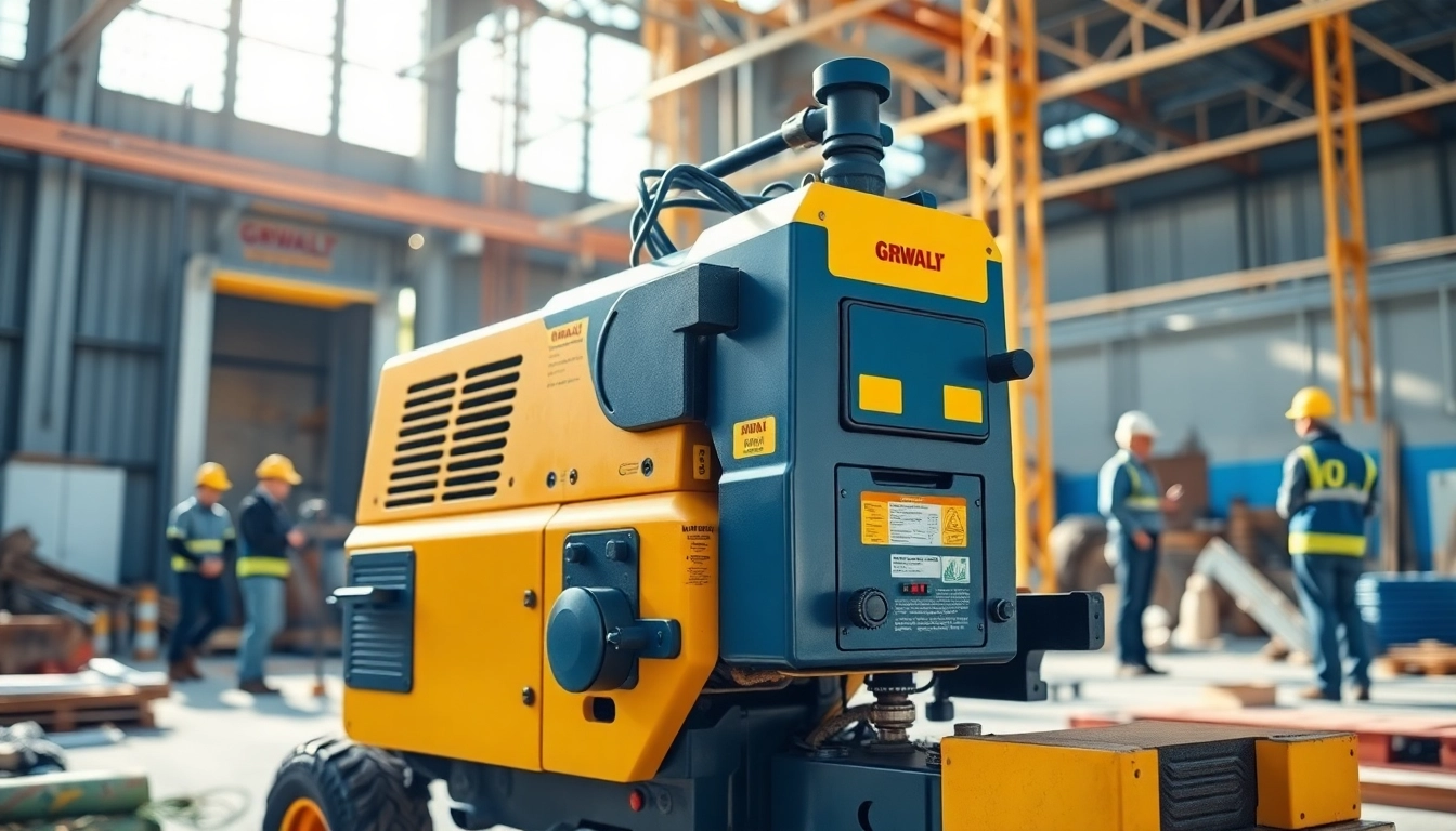 Operating a gradall machine at a busy construction site with workers collaborating nearby.