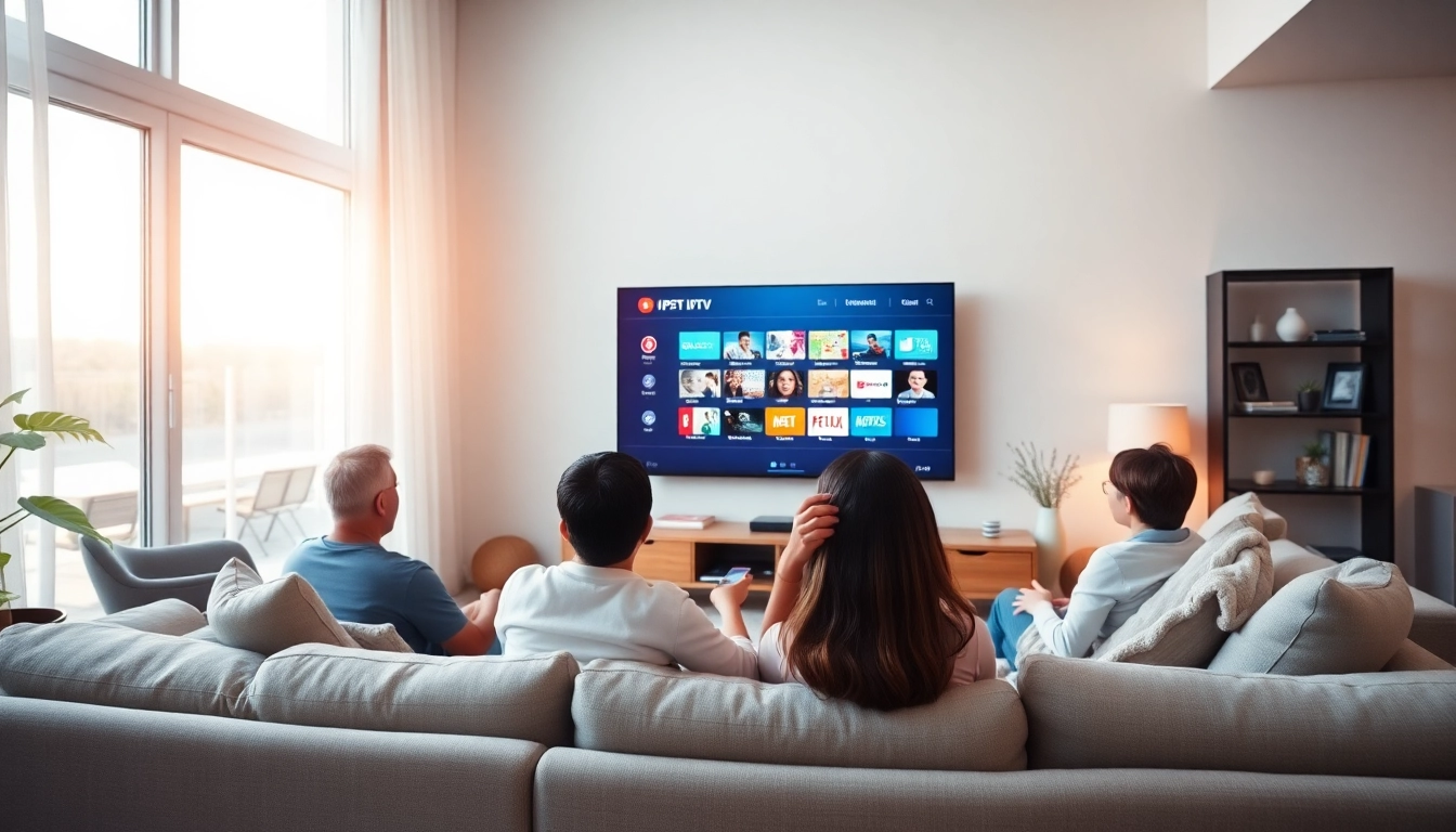 Experience IPTV Free Trial No card with a family enjoying smart TV entertainment.