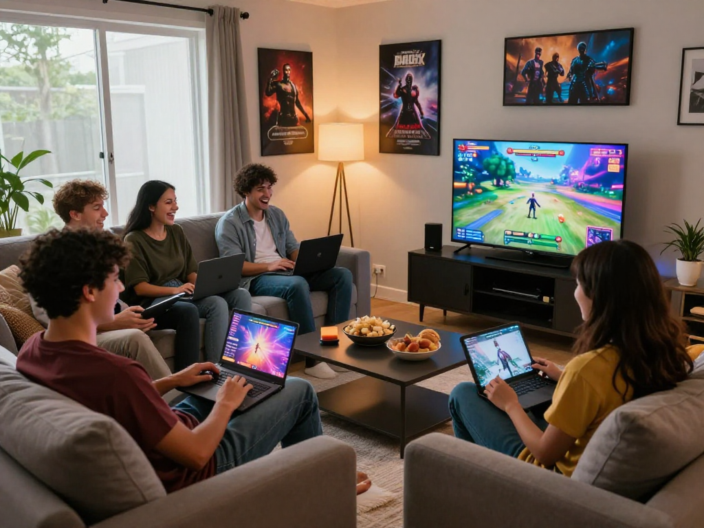 Group enjoying real sex games in a cozy living room, laptops and snacks present.