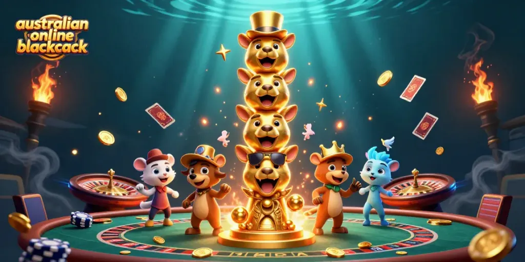 Engage in australian online blackjack with a vibrant scene featuring animated casino characters and dynamic elements.