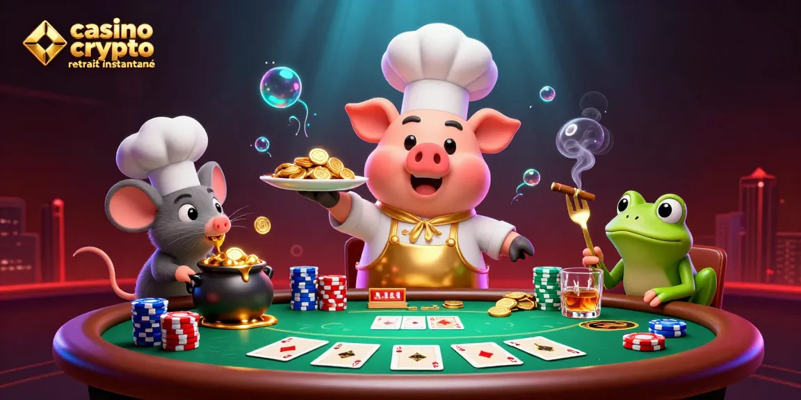 Casino crypto retrait instantané : chef cuisinier servant des pièces d'or au milieu d'éléments de poker vibrants.