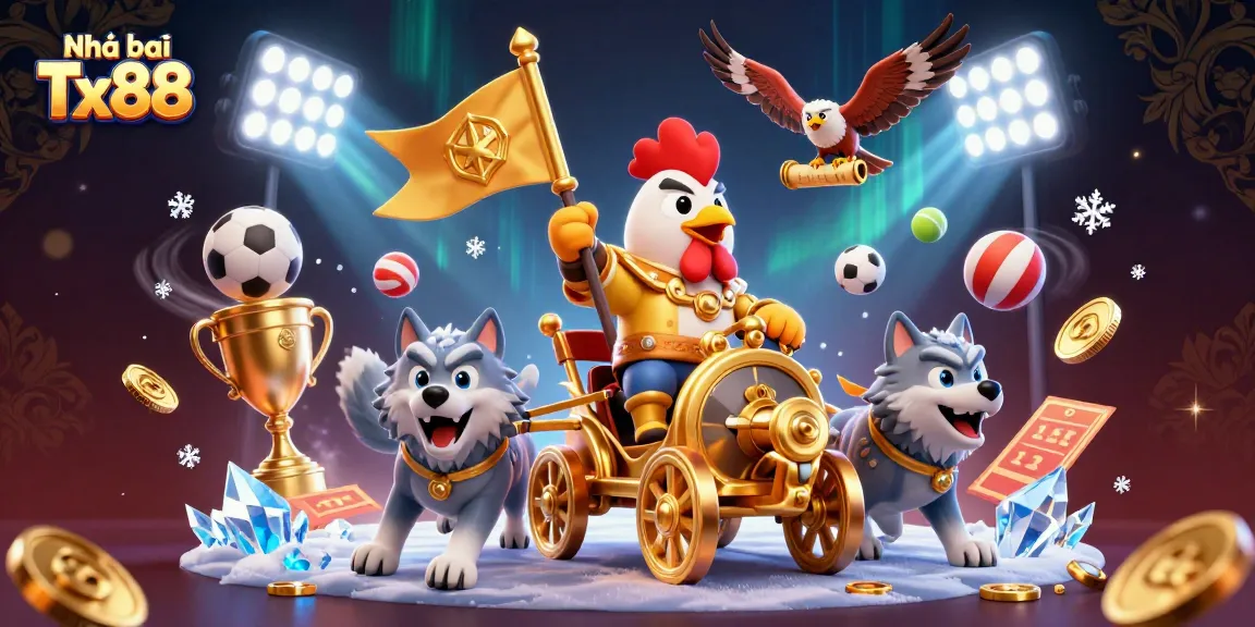 Betting on sports with Nhà cái Tx88 featuring a heroic rooster and dynamic game elements.