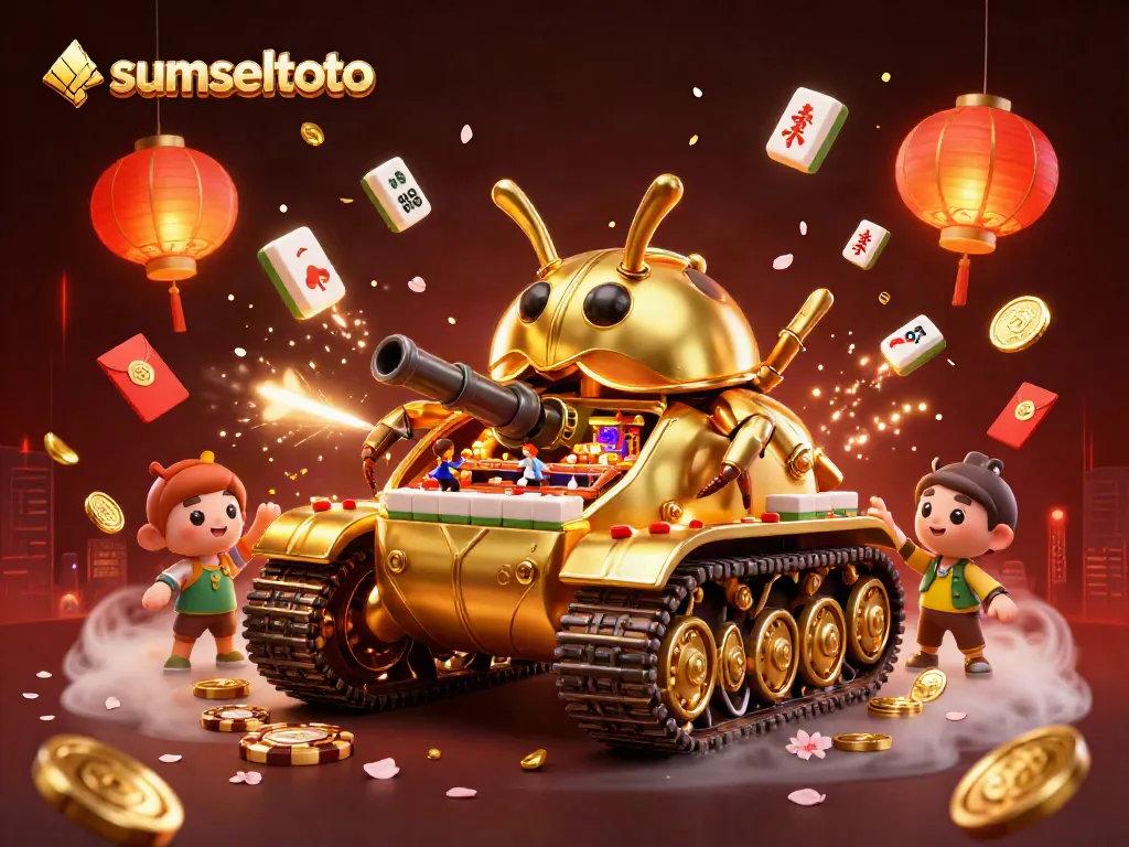 Experience the thrill of sumseltoto with a vibrant 3D illustration of a miniature casino inside a golden beetle tank, showcasing live gameplay.