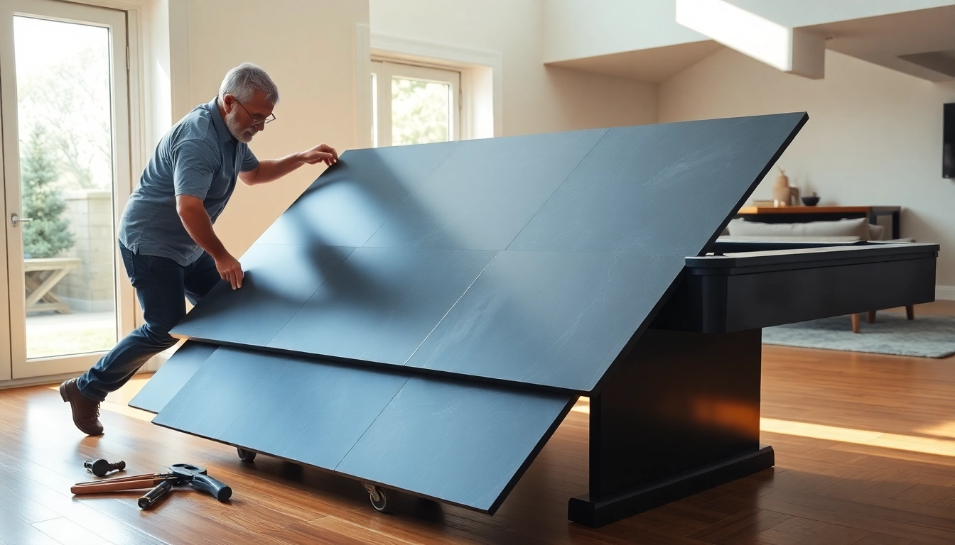 Pool table mover carefully disassembling and transporting a pool table in a modern setting