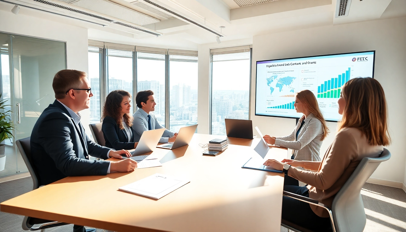 Consultants discussing federal and state contracts and grants in a bright conference room.
