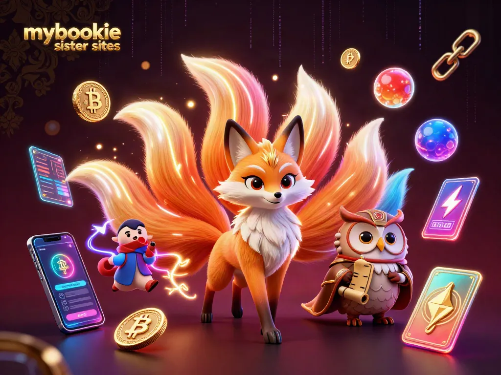 Engage with mybookie sister sites using colorful 3D characters and crypto-themed elements in a vibrant casino scene.
