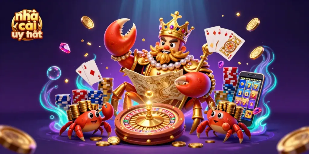 Engage with nhà cái uy tín through a vibrant casino scene featuring a golden crab emperor and dynamic gaming elements.