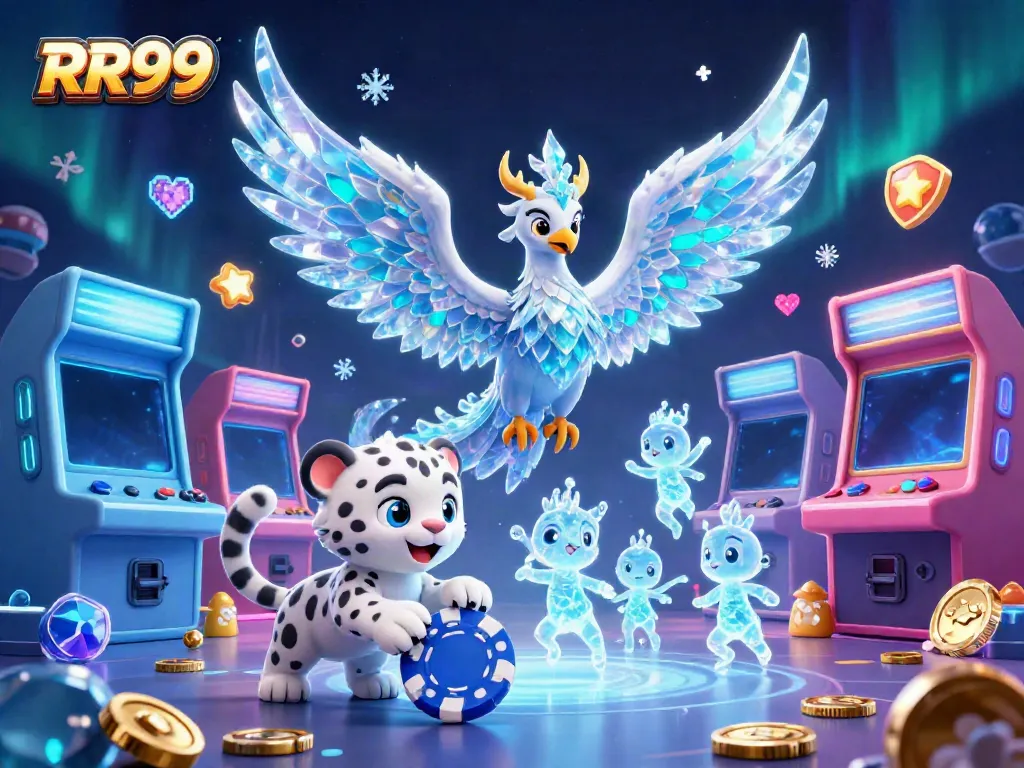Engage in the RR99 gaming adventure with a vibrant scene of an ice phoenix, snow leopard cub, and arcade elements.